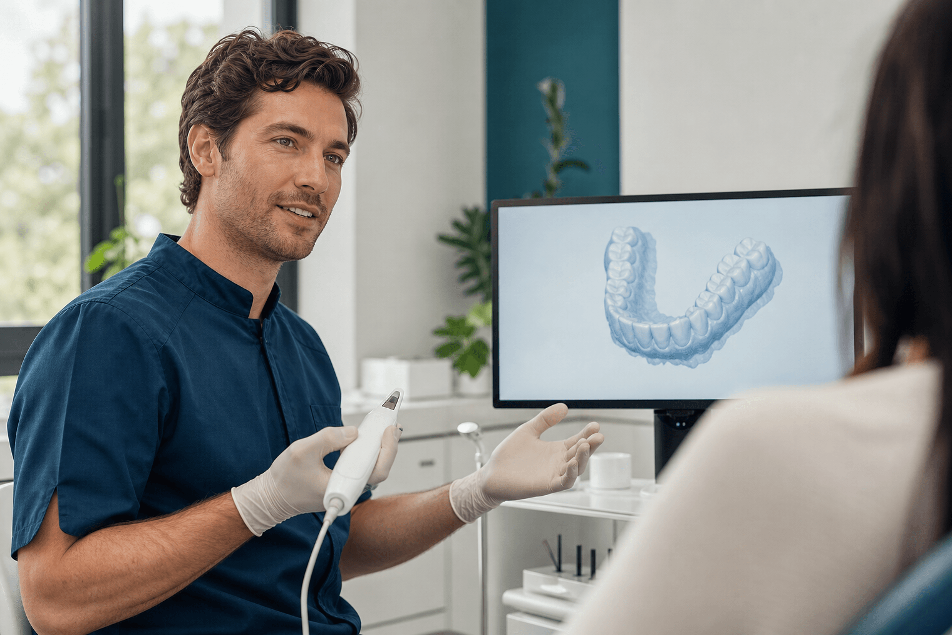 A clinician guiding a small intraoral scanner while the patient watches the live model appear on the chairside screen