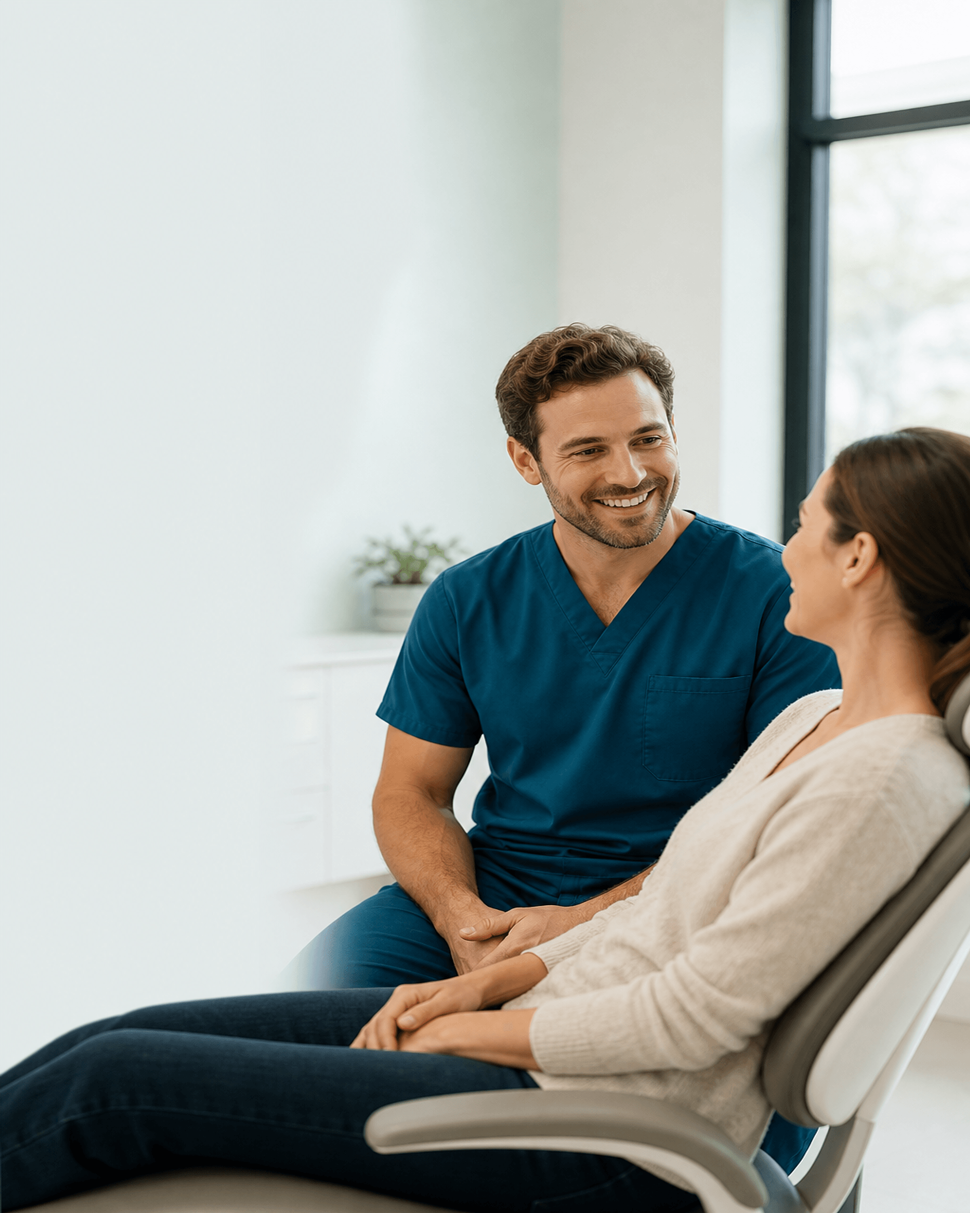 A dentist sitting level with a relaxed patient in a reclined chair, talking through a treatment plan together